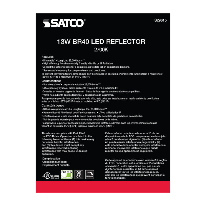 13BR40/LED/927/120V , Lamps , SATCO, BR & R LED,BR40,Frost,LED,Medium,Reflector,Warm White
