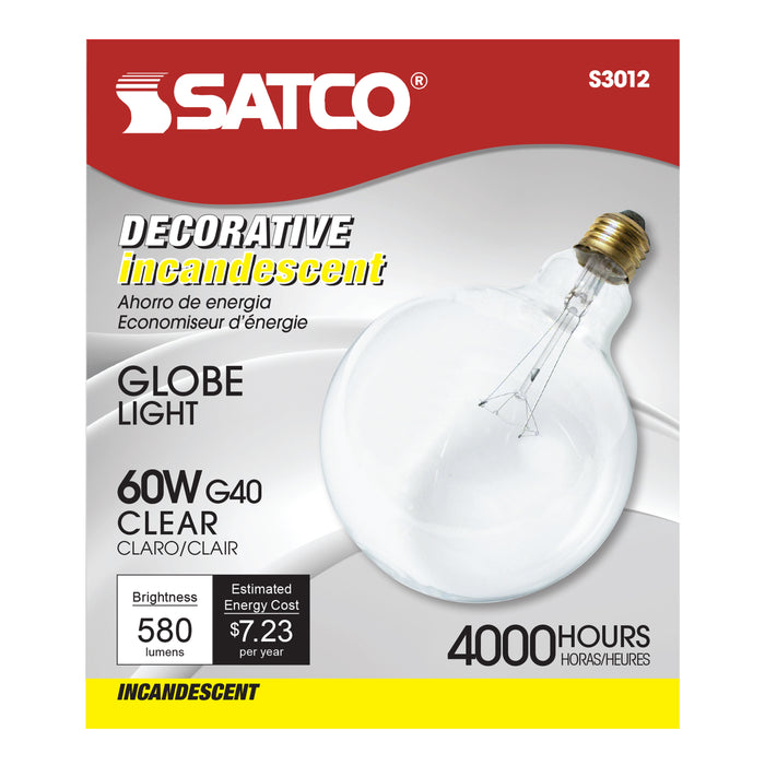 60G40 CLEAR , Lamps , SATCO, Clear,G40,Globe,Globe Light,Incandescent,Medium,Warm White