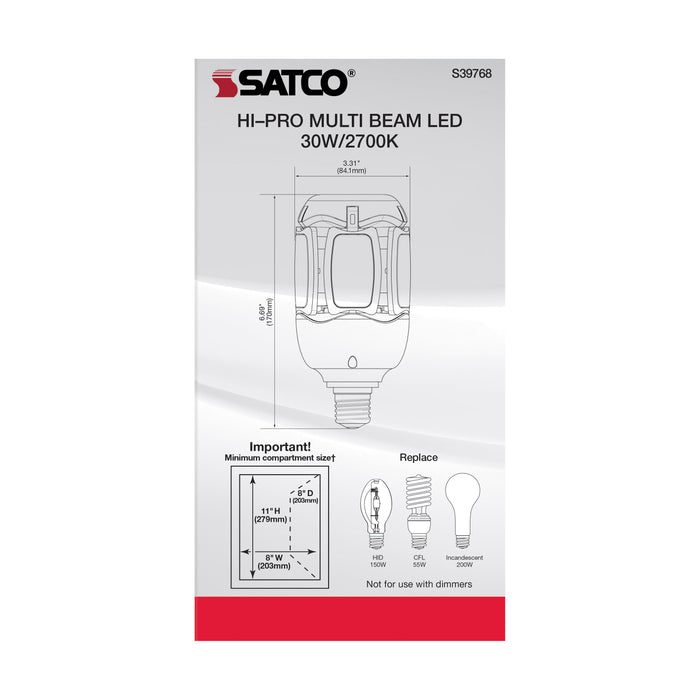 30W/LED/HID/MB-G3/27K/100-277V , Lamps , SATCO, Clear,Corncob,HID Replacements,LED,LED HID,Medium,Warm White