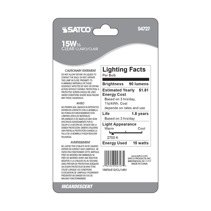 15T6/CL/E12/145V CARDED , Lamps , SATCO, Candelabra,Clear,Incandescent,Sign,Sign & Indicator,T6,Warm White