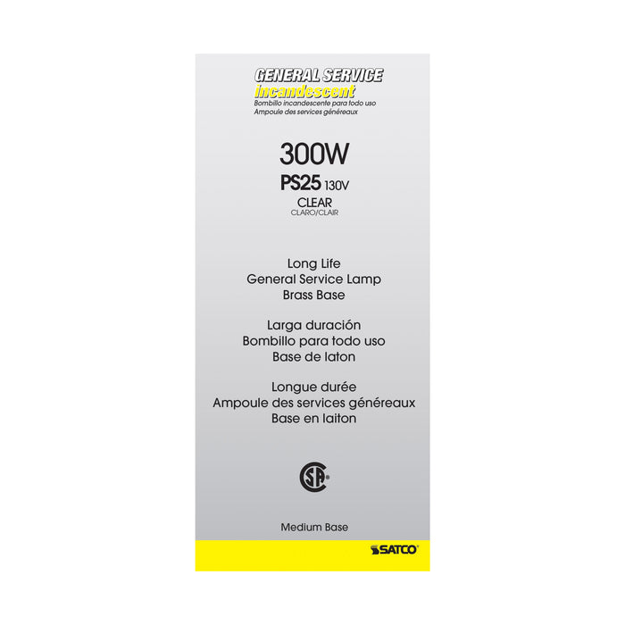 300M MED BASE CLEAR 130V. , Lamps , SATCO, Clear,General Service,Incandescent,Medium,PS25,Type A,Warm White