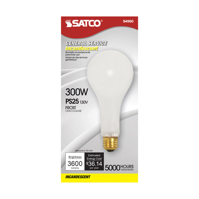 300M/IF MED BASE FROSTED 130V. , Lamps , SATCO, Frost,General Service,Incandescent,Medium,PS25,Type A,Warm White