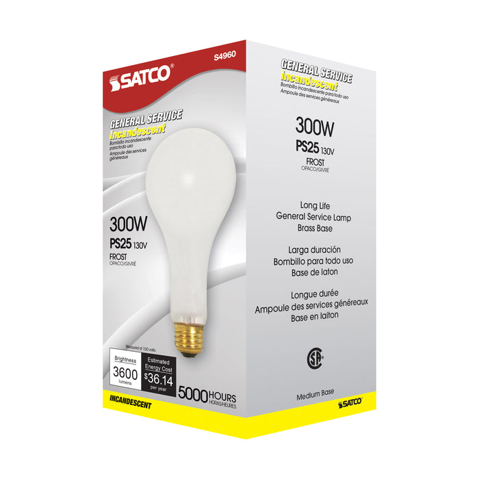 300M/IF MED BASE FROSTED 130V. , Lamps , SATCO, Frost,General Service,Incandescent,Medium,PS25,Type A,Warm White