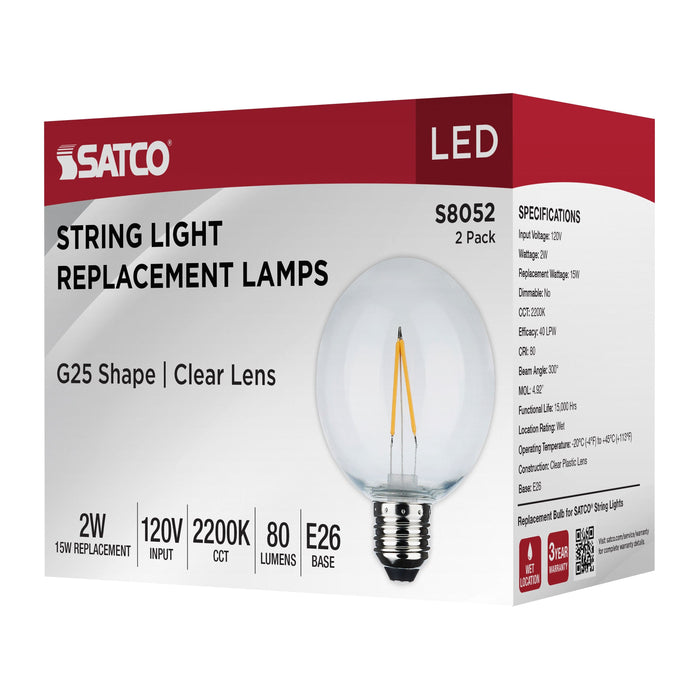 2W/LED/G25/822/120V/2PK , Lamps , SATCO, Clear,G25,LED,LED Globe Light,Medium,String Light
