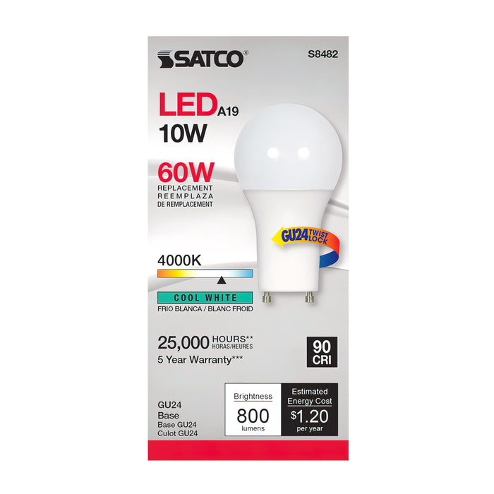 10A19/LED/4K/90CRI/GU24 , Lamps , SATCO, A19,Bi Pin GU24,Cool White,Frost,LED,Type A
