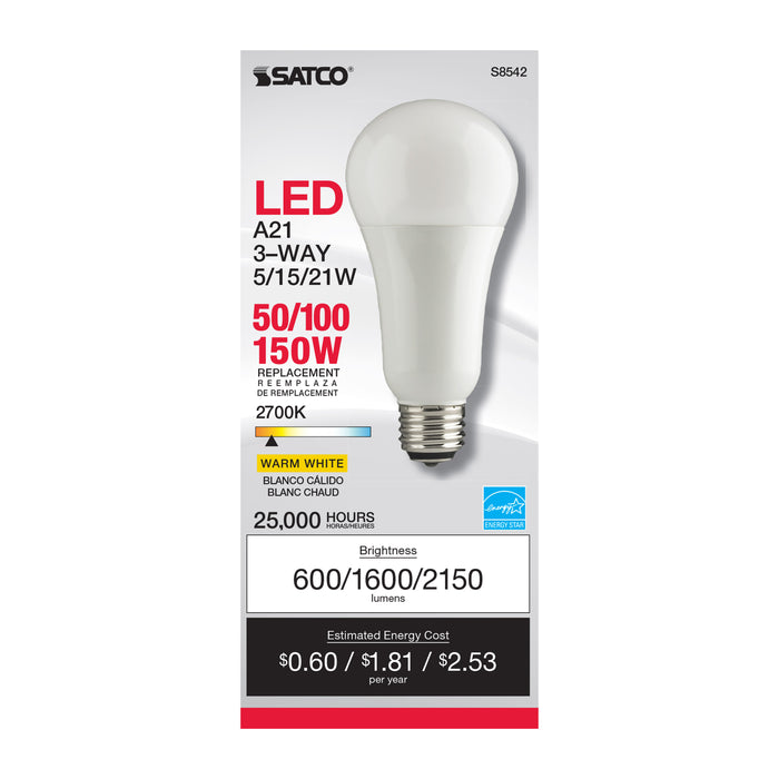 5/15/21A21/3-WAY/LED/27K , Lamps , SATCO, A21,Frost,LED,Medium,Type A,Warm White