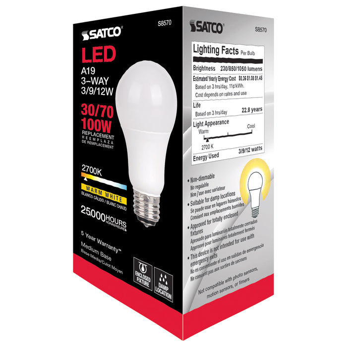 3/9/12A19/3WAY LED/2700K/90CRI , Lamps , SATCO, A19,Frost,LED,Medium,Type A,Warm White