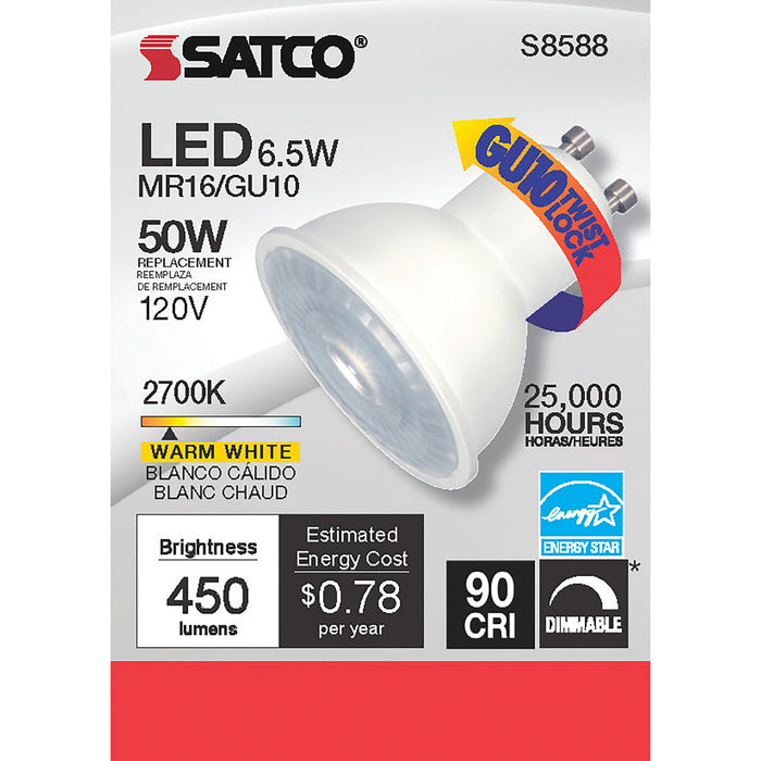 6.5MR16/LED/40'/927/GU10 , Lamps , SATCO, Bi Pin GU10,LED,MR,MR LED,MR16,Warm White,White
