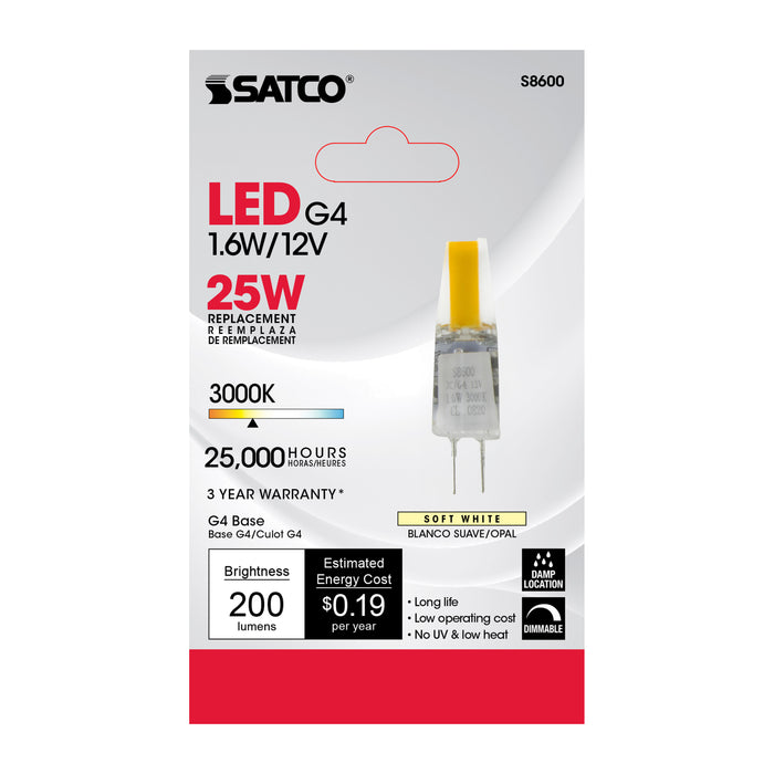 LED 1.6W JC/G4 12V 3000K/CARD , Lamps , SATCO, Bi Pin G4,Clear,LED,Mini and Pin-Based LED,Miniature,T3,Warm White