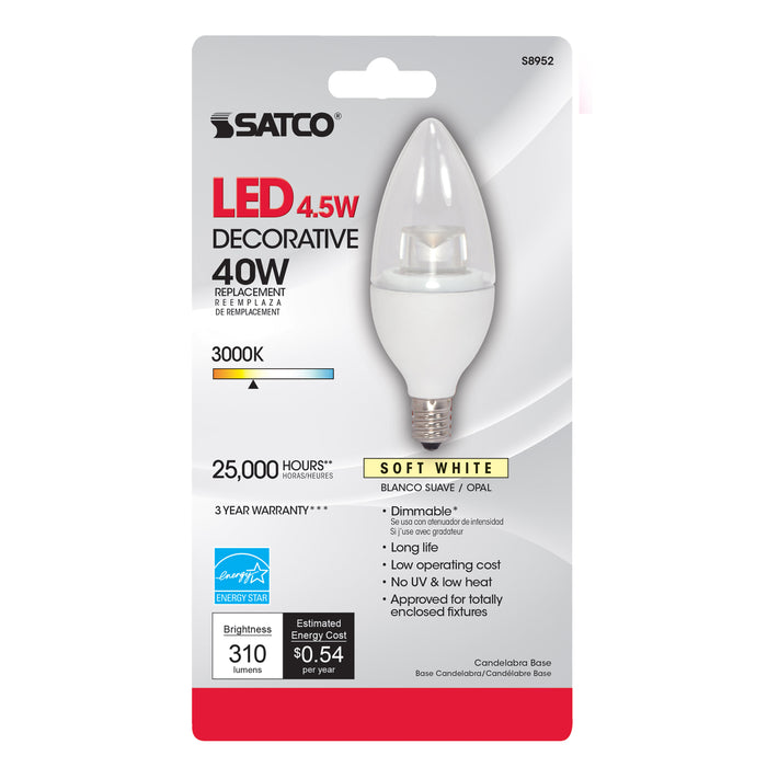 4.5CTC/LED/3000K/E12/120V , Lamps , SATCO, B11,Candelabra,Candle,Clear,Decorative LED,LED,Warm White