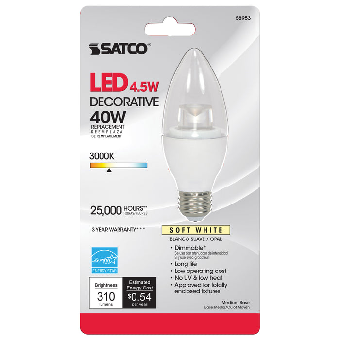 4.5ETC/LED/3000K/E26/120V , Lamps , SATCO, B11,Candle,Clear,Decorative LED,LED,Medium,Soft White