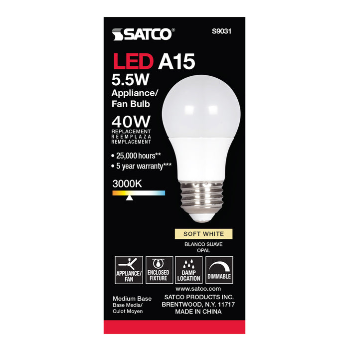 5.5A15/LED/3000K/120V , Lamps , SATCO, A15,Frost,LED,Medium,Soft White,Type A