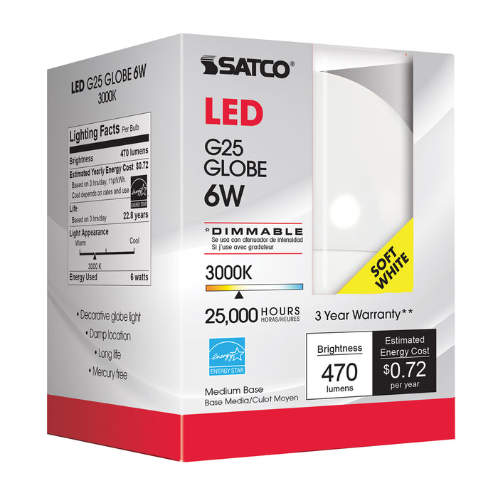 6G25/LED/3000K/450L/120/D , Lamps , SATCO, Frost,G25,Globe,LED,LED Globe Light,Medium,Soft White