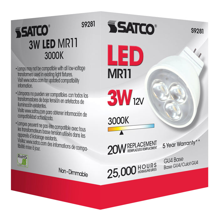 3MR11/LED/25'/3000K/12V , Lamps , SATCO, Bi Pin GU4,Clear,LED,MR,MR LED,MR11,Warm White
