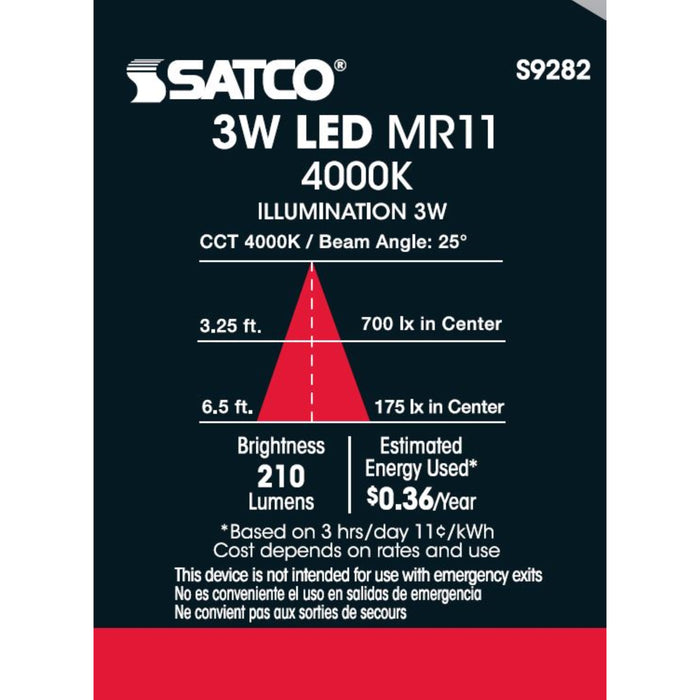3MR11/LED/25'/4000K/12V , Lamps , SATCO, Bi Pin GU4,Clear,Cool White,LED,MR,MR LED,MR11
