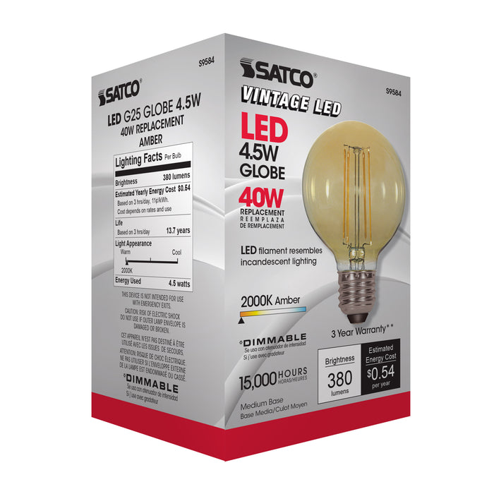4.5G25/AMB/LED/E26/20K/120V , Lamps , SATCO, G25,Globe,LED,LED Filament,Medium,Transparent Amber