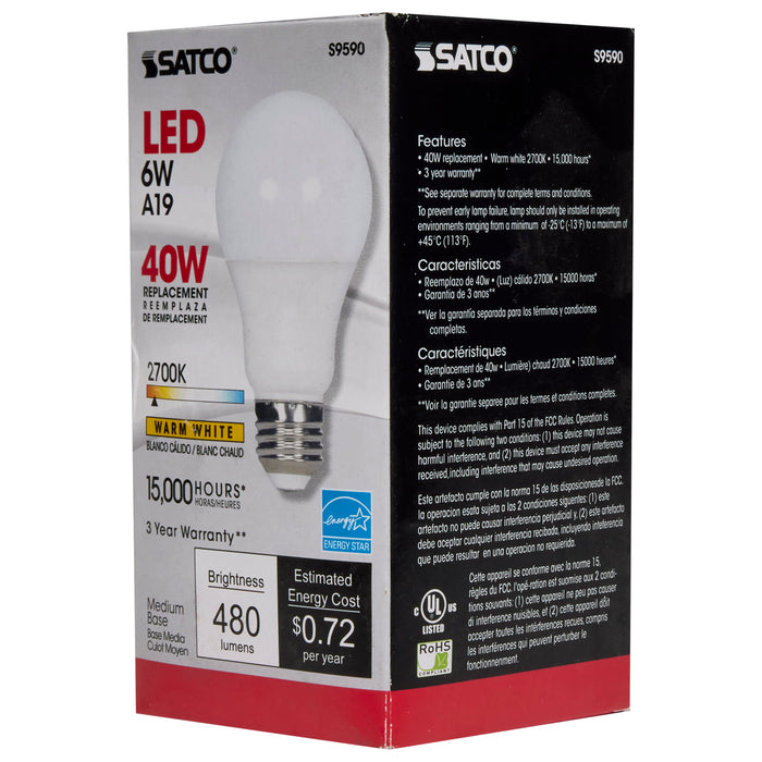 6A19/LED/2700K/ND/120V , Lamps , SATCO, A19,Frost,LED,Medium,Type A,Warm White