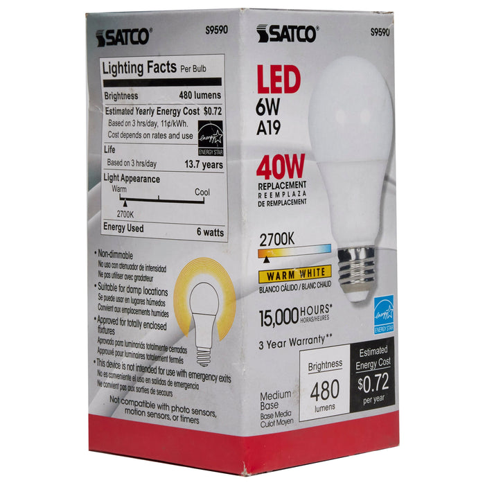 6A19/LED/2700K/ND/120V , Lamps , SATCO, A19,Frost,LED,Medium,Type A,Warm White