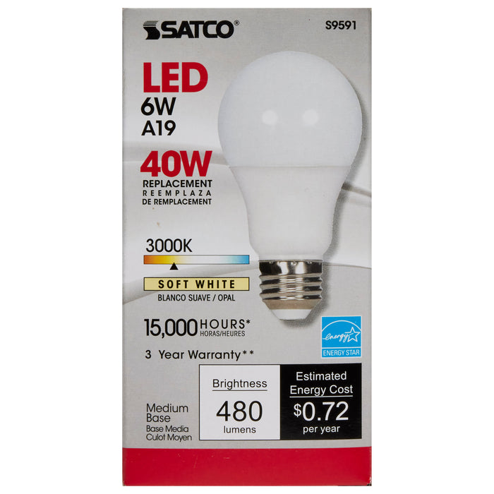6A19/LED/3000K/ND/120V , Lamps , SATCO, A19,Frost,LED,Medium,Soft White,Type A