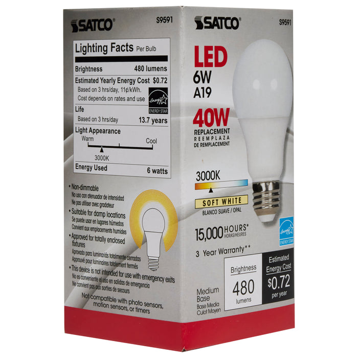 6A19/LED/3000K/ND/120V , Lamps , SATCO, A19,Frost,LED,Medium,Soft White,Type A