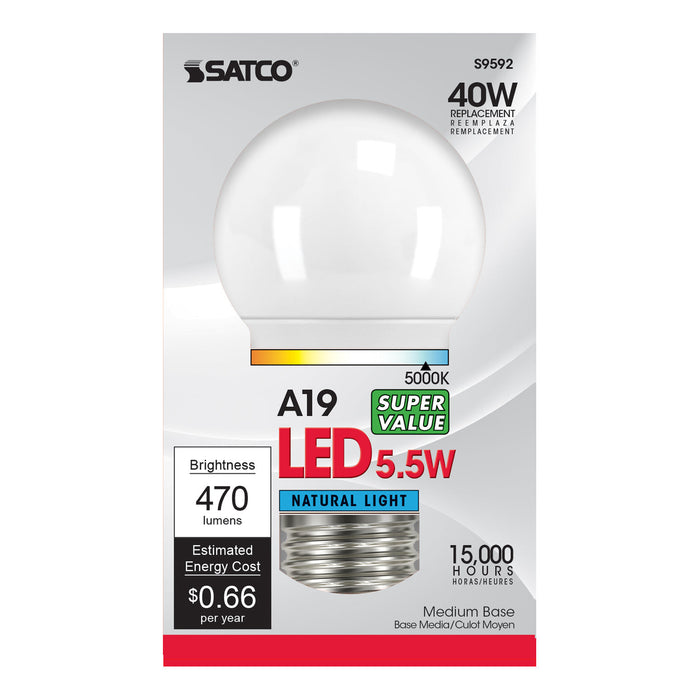 6A19/LED/5000K/ND/120V , Lamps , SATCO, A19,Frost,LED,Medium,Natural Light,Type A