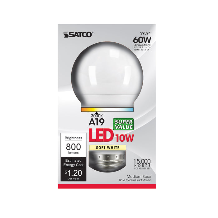 9.5A19/LED/3000K/ND/120V , Lamps , SATCO, A19,Frost,LED,Medium,Soft White,Type A