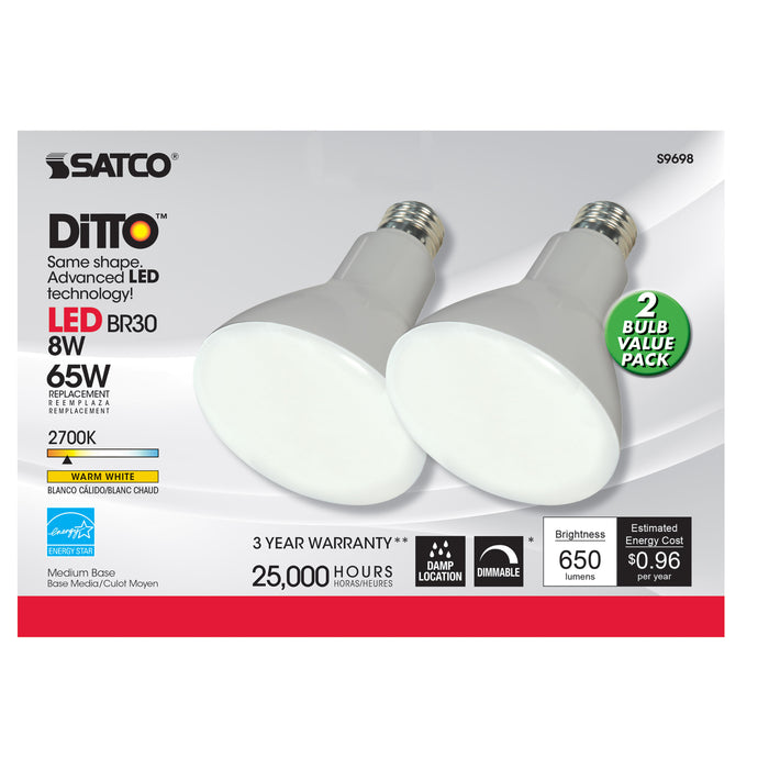 8BR30/LED/2700K/650L/2PK , Lamps , SATCO, BR & R LED,BR30,Frost,LED,Medium,Reflector,Warm White