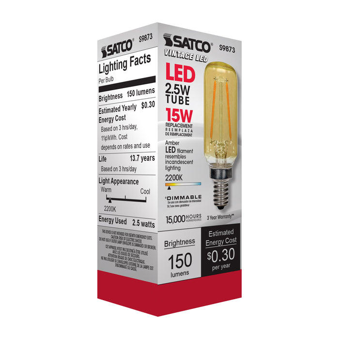 2.5T6/LED/AMB/20K/E12/120V , Lamps , SATCO, Candelabra,LED,LED Filament,T6,Transparent Amber,Tubular