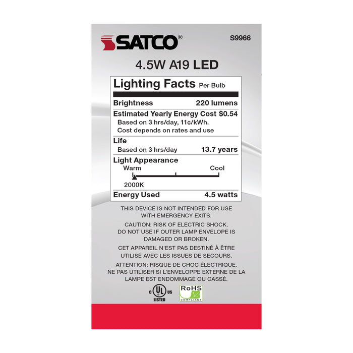 4.5A19/SPIRAL/LED/AMB/120V , Lamps , SATCO, A19,LED,LED Filament,Medium,Transparent Amber,Type A