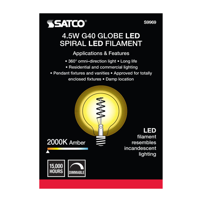4.5G40/SPIRAL/LED/AMB/120V , Lamps , SATCO, G40,Globe,LED,LED Filament,Medium,Transparent Amber