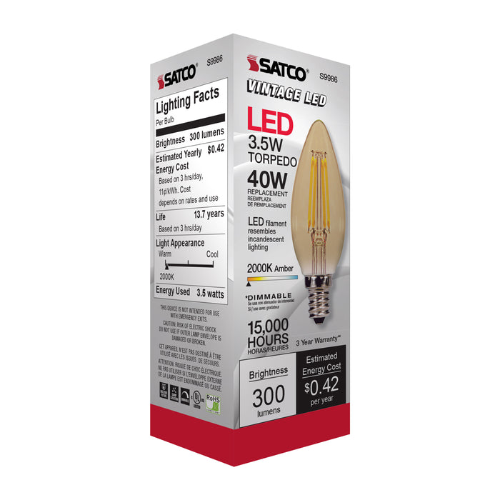 3.5CTA/LED/AMB/20K/120V , Lamps , SATCO, C11,Candelabra,Candle,LED,LED Filament,Transparent Amber